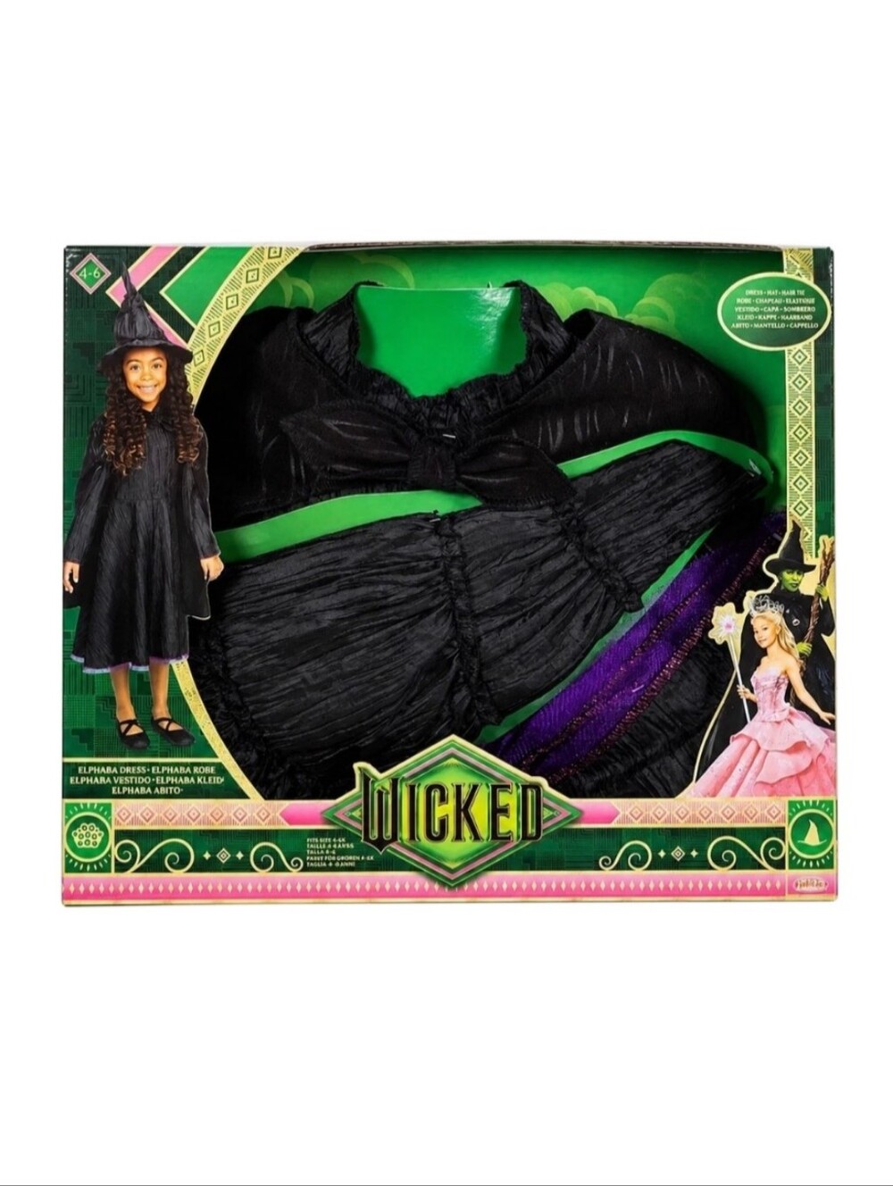 NEW Wicked Elphaba Deluxe Costume Dress Cape Hat Halloween Dress Up Set Size 4-6